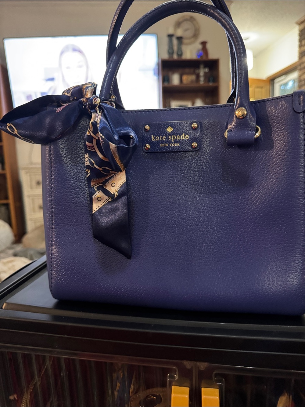 kate spade Navy Leather Satchel with Scarf Accent